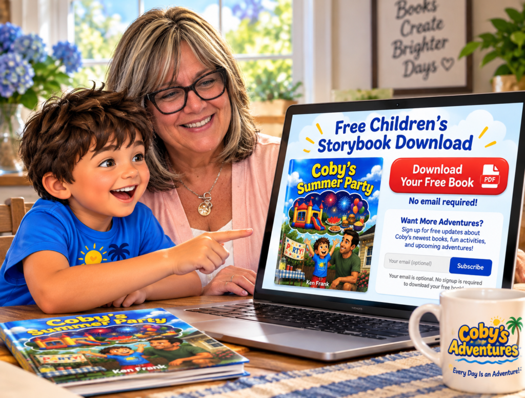 Mother and chil enjoying a free PDF of Coby's Summer Party children's storybook.
